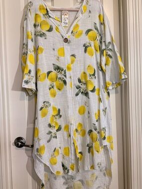 100% Cotton White Midi Dress with Yellow Lemon Print